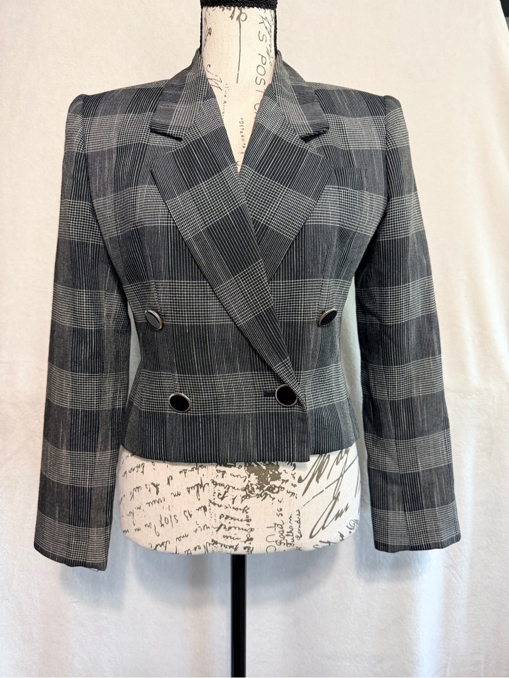 Petite Sophisticate Black & Gray Plaid Double-Breasted Blazer - Picture 3 of 8